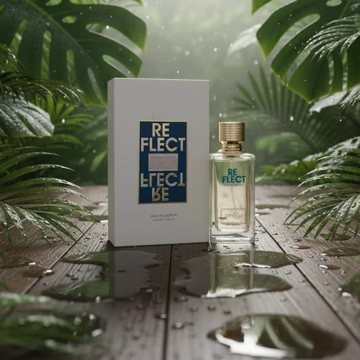 Reflect by Zimaya perfume bottle on wet table with tropical leaves and rain drops unisex scent