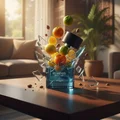 Blue reserved perfume bottle with fruits on a table in a bright room