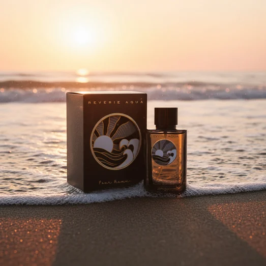 Reverie Aqua by Zimaya perfume bottle on beach sand with sunset and waves fresh scent