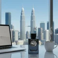 Reverie Aqua by Zimaya perfume bottle on office desk with laptop and city skyline