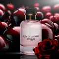 Perfume bottle labeled 'Rose of Dreams zimaya' surrounded by red roses and berries on a dark background