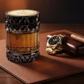 Sharaf The Club by Zimaya perfume bottle on leather desk with watch and cigar luxury men perfume