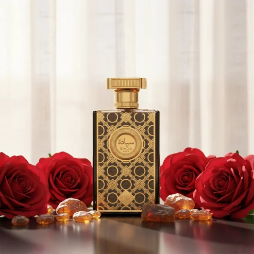 Siada Nova by Zimaya perfume bottle among roses and amber stones romantic fragrance