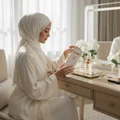 Malay woman opening Taraf White by Zimaya perfume box in sunlit bedroom white silk hijab luxury women fragrance