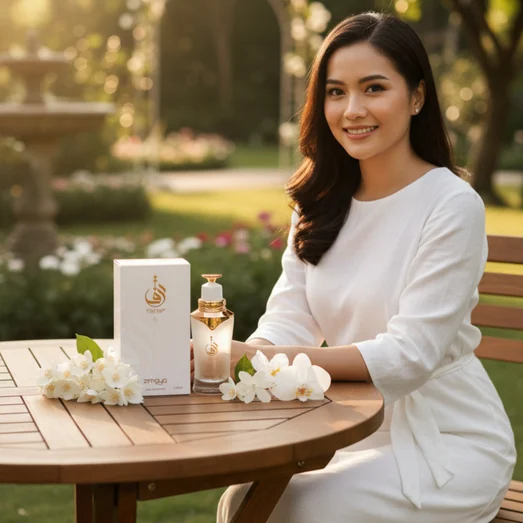 Taraf White by Zimaya perfume bottle in garden with Malay woman white dress jasmine flowers