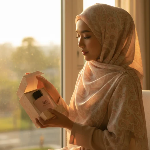 Malay woman opening Zimaya Yaa Umree perfume box by window with golden morning light floral women scent