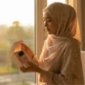 Malay woman opening Zimaya Yaa Umree perfume box by window with golden morning light floral women scent