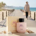 Malay woman by beach with Zimaya Yaa Umree perfume bottle and box seaside fresh floral scent
