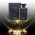 Cult perfume bottle and packaging with vanilla beans and flowers on a dark background
