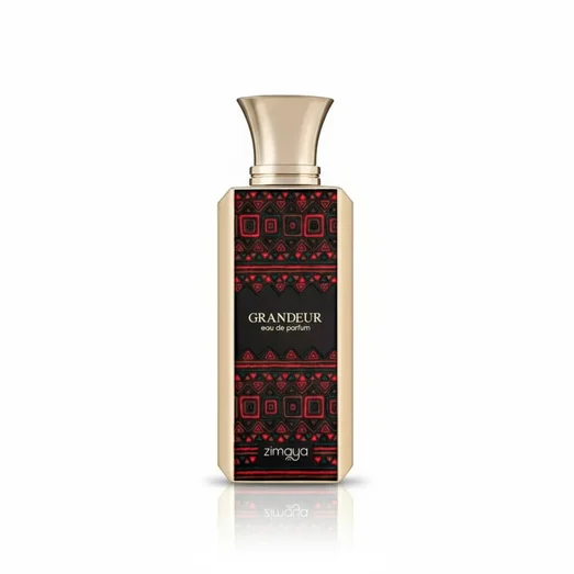 Perfume bottle with gold cap and black and red patterned label on a white background