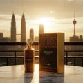 Zimaya Grandeur perfume bottle on marble balcony table golden sunset light Kuala Lumpur skyline unisex fragrance ”