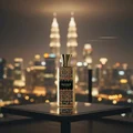 Zimaya Grandeur perfume bottle on rooftop with Kuala Lumpur night lights background luxury fragrance