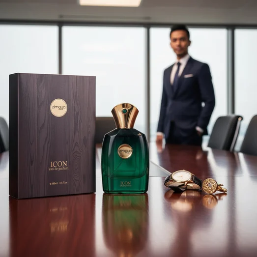 Zimaya Icon perfume bottle and box on boardroom table watch cufflinks men fragrance