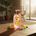Pink bottle with floral and fruit design on a wooden table, sunlit room with plants and furniture