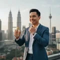 Man in a blue suit holding a perfume Reflect bottle with city skyline in the background