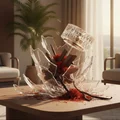 Zimaya Sharaf Blend unisex perfume Broken glass vase with saffron on a table in a room with plants and furniture