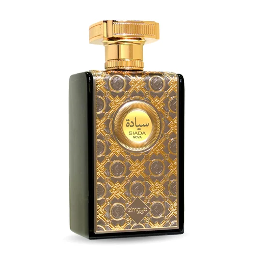 Perfume bottle with gold and black design on a white background