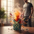 Explosion of a decorative box on a table with a person in the background