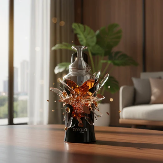 Zimaya Taraf Black Perfume broken with butterfly design on a wooden table in a modern living room