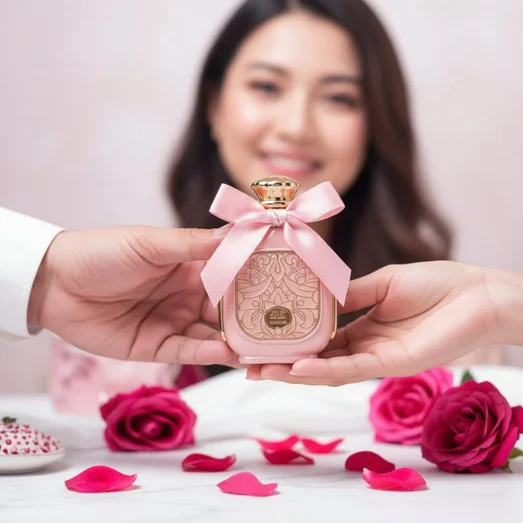 Malay couple exchanging zukhruf perfume gift box romantic love