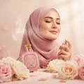 Malay hijabi woman smiling softly after spraying perfume pink mist romantic