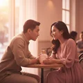 Malay couple in sunset café smiling as man attracted by woman's perfume zukhruf