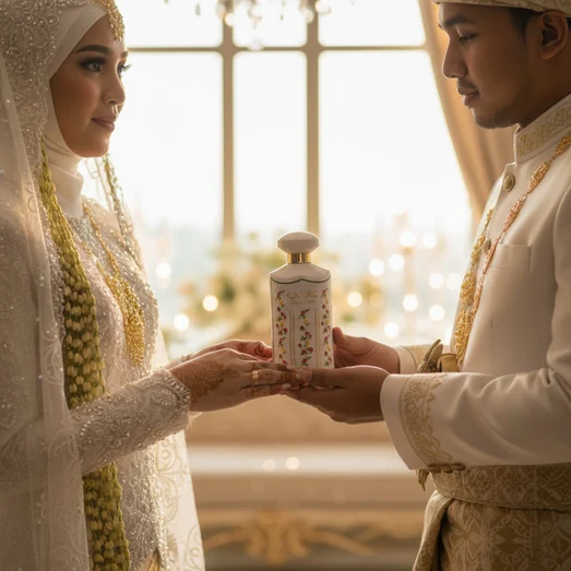 Hand holding a white bottle with floral design and 'Ghality' branding, with a matching box in the background.